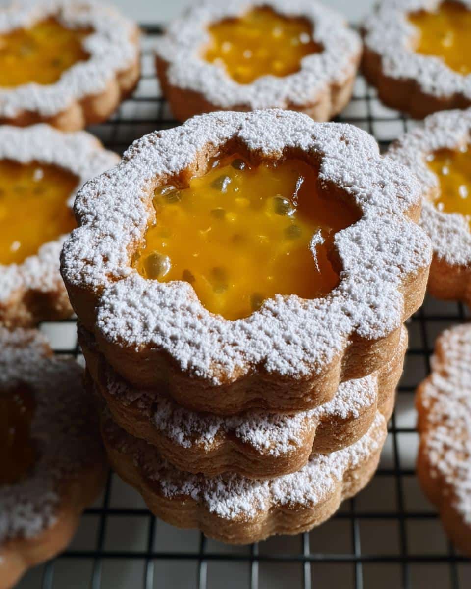 A stack of three Jam-Filled Linzer-Style Cookies dusted with powdered sugar, showing bright yellow passion fruit filling.