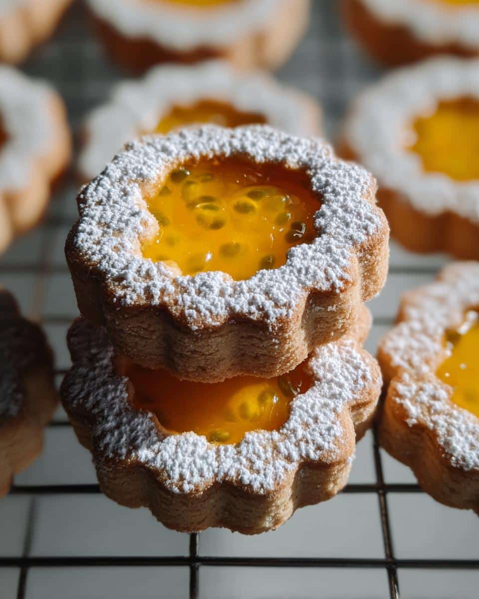 Two stacked Jam-Filled Linzer-Style Cookies dusted with powdered sugar and filled with bright yellow passion fruit jam.