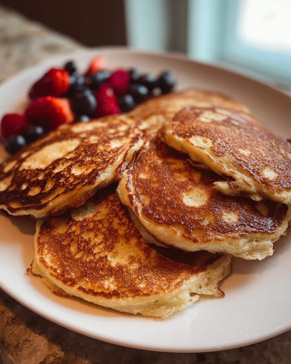 A stack of golden brown Keto Almond Flour Pancakes served on a white plate with fresh blueberries, strawberries, and raspberries.