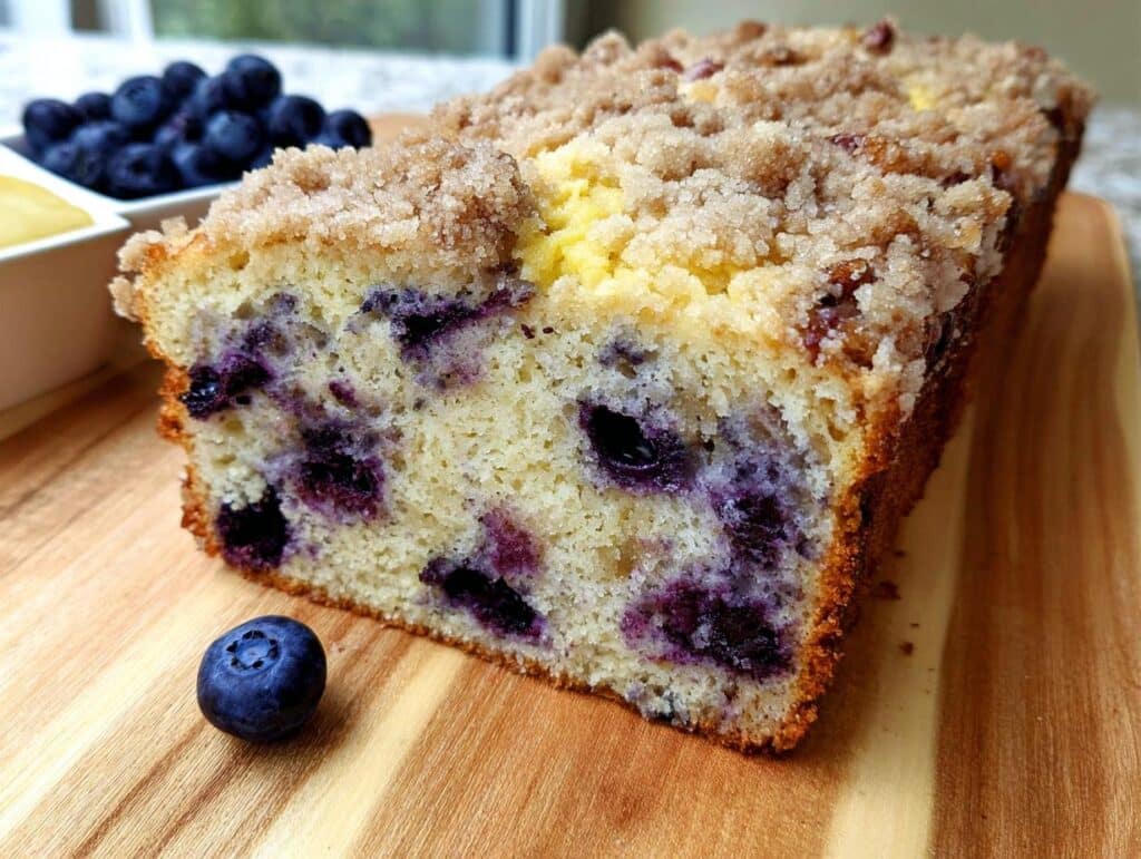 Close-up of a slice of Keto Blueberry Breakfast Loaf showing moist crumb and blueberry pockets, topped with streusel.