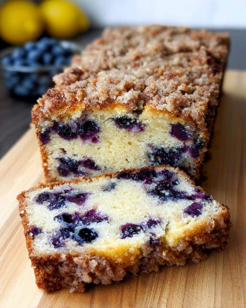 A slice cut from a Keto Blueberry Breakfast Loaf showing moist cake studded with blueberries and a crumb topping.