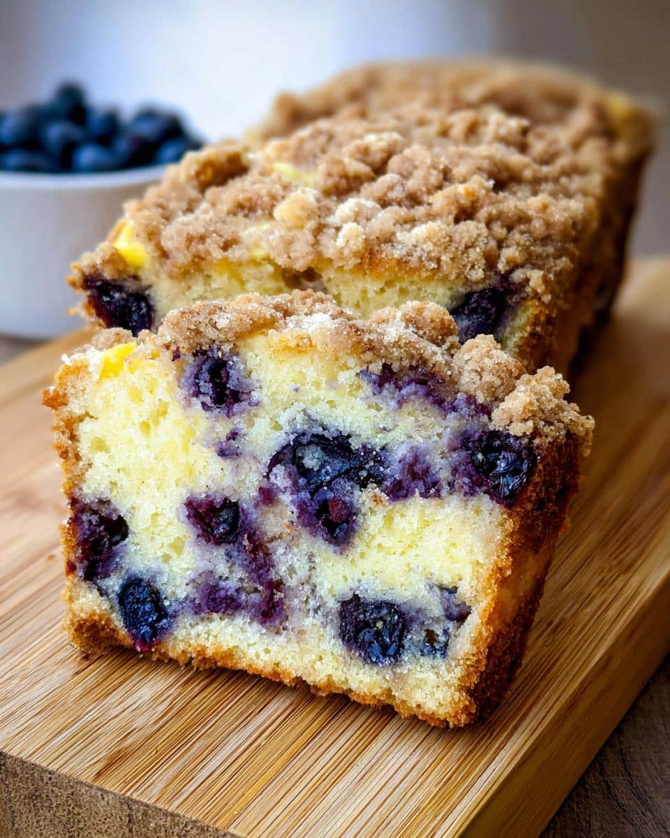 A close-up of a thick slice of Keto Blueberry Breakfast Loaf showing moist cake studded with blueberries and a crunchy streusel topping.