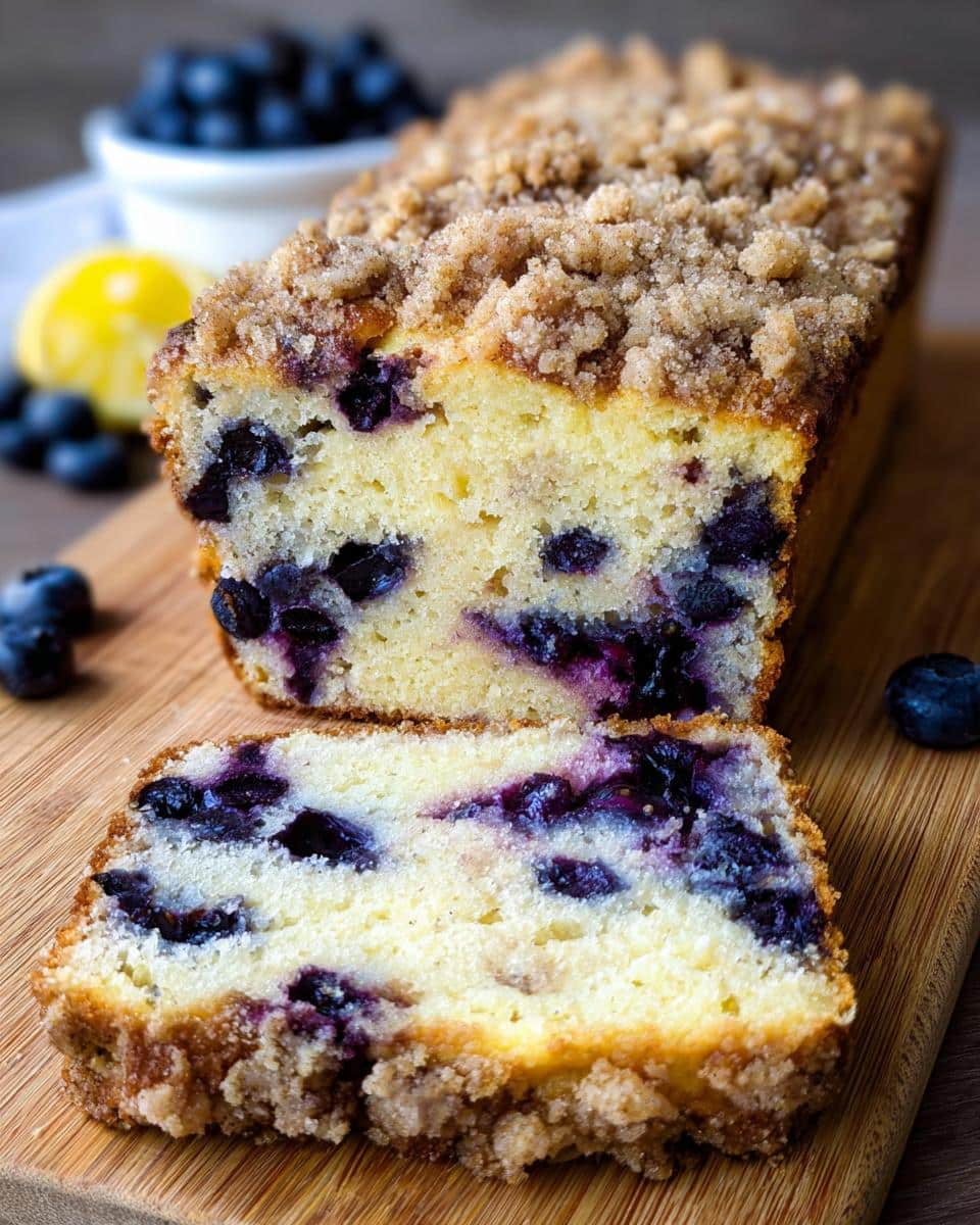 A close-up of a sliced Keto Blueberry Breakfast Loaf showing moist crumb, blueberries, and a brown sugar streusel topping.