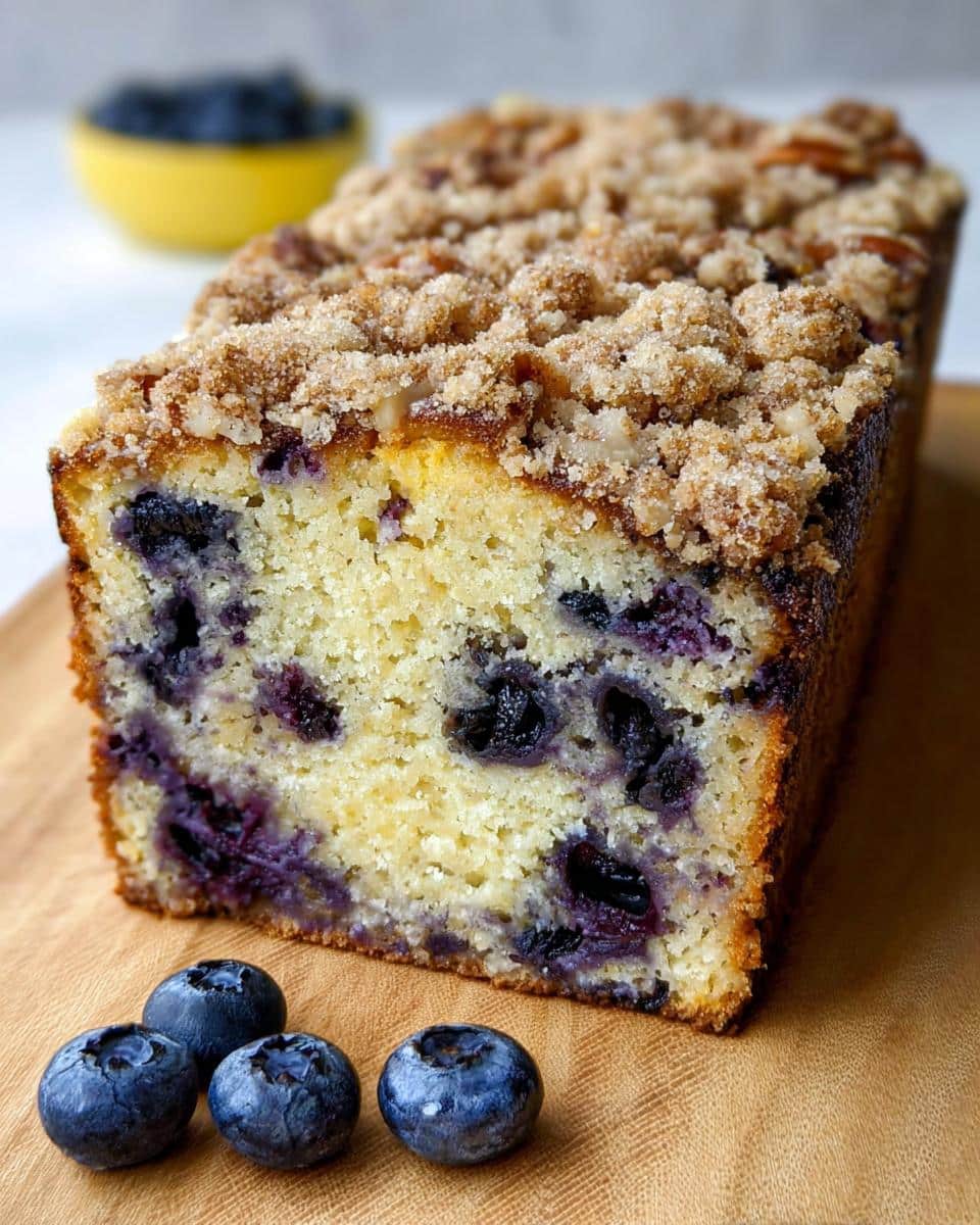 A slice of moist Keto Blueberry Breakfast Loaf topped with brown sugar streusel, sitting on a wooden board with fresh blueberries.