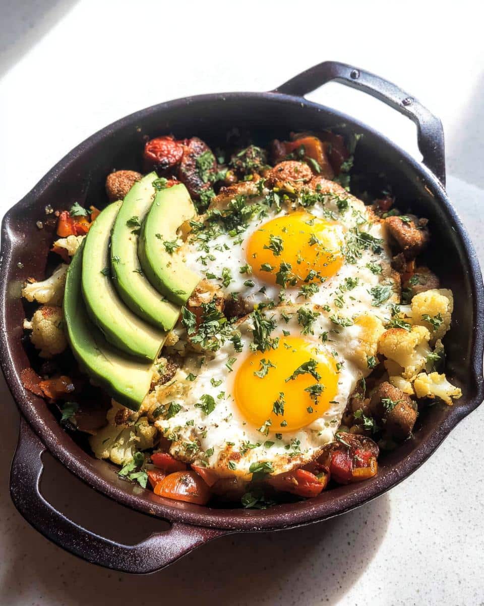 A hearty Keto Breakfast Bowl with Cauliflower Hash topped with two sunny-side-up eggs and sliced avocado.
