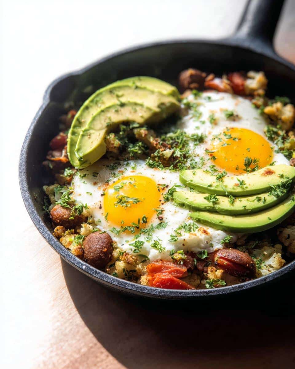 Close-up of a Keto Breakfast Bowl with Cauliflower Hash, topped with two sunny-side-up eggs, sliced avocado, and parsley.