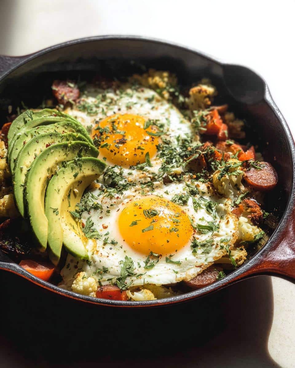 Close-up of a Keto Breakfast Bowl with Cauliflower Hash, topped with two sunny-side-up eggs, sliced avocado, and herbs.
