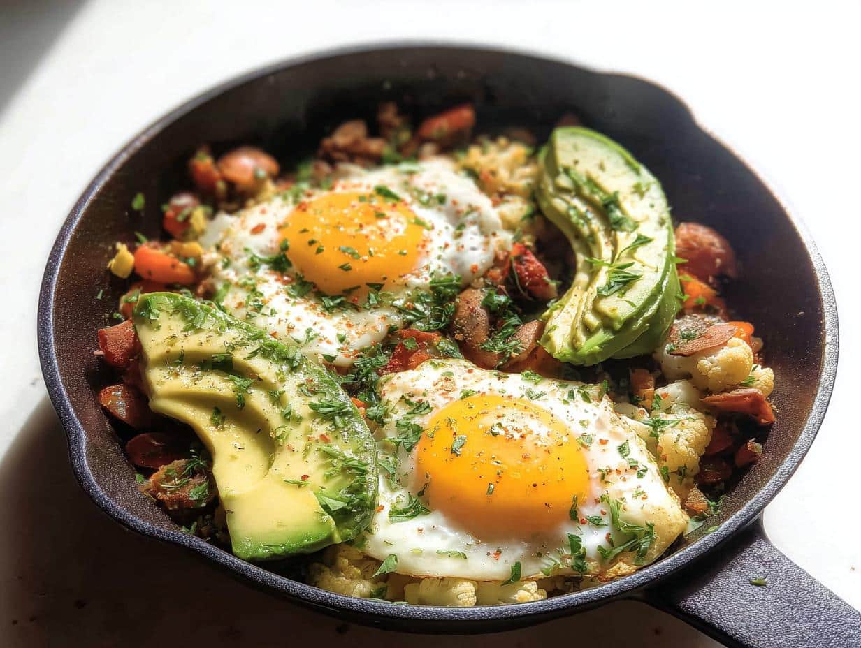 A cast iron skillet holds a Keto Breakfast Bowl with Cauliflower Hash, topped with two sunny-side-up eggs and avocado slices.
