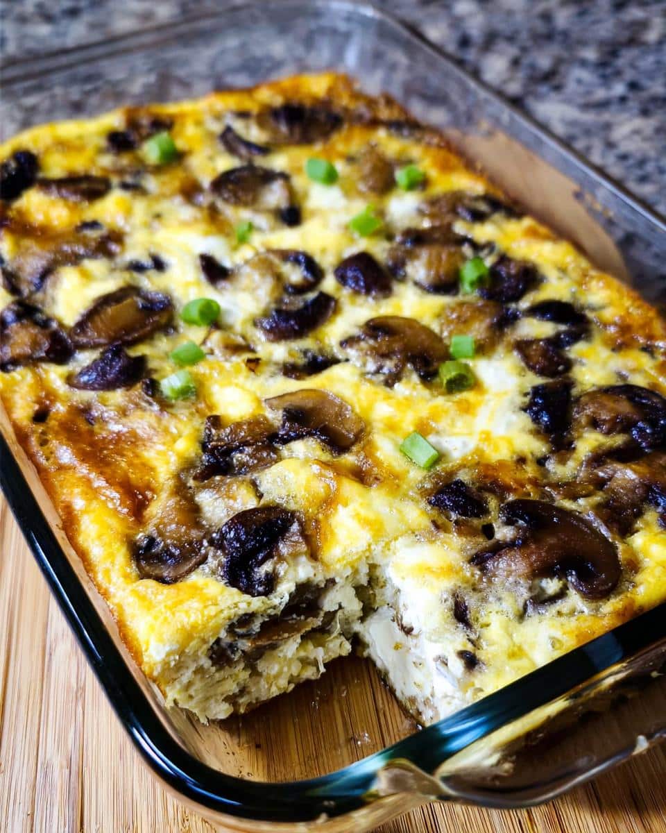 A freshly baked Keto Breakfast Casserole with Mushrooms & Cheese in a glass dish, showing a slice removed.