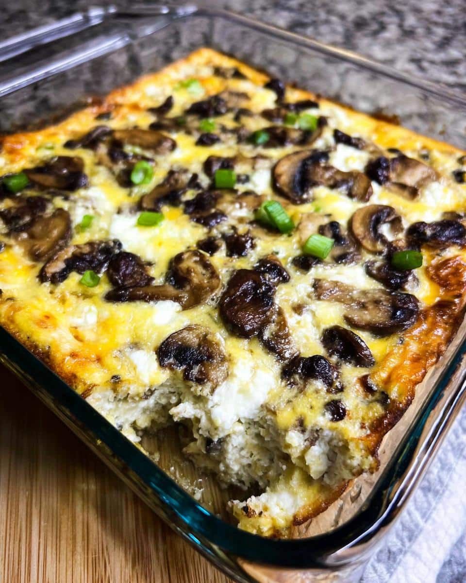A square glass baking dish containing a baked Keto Breakfast Casserole with Mushrooms & Cheese, showing a portion removed.