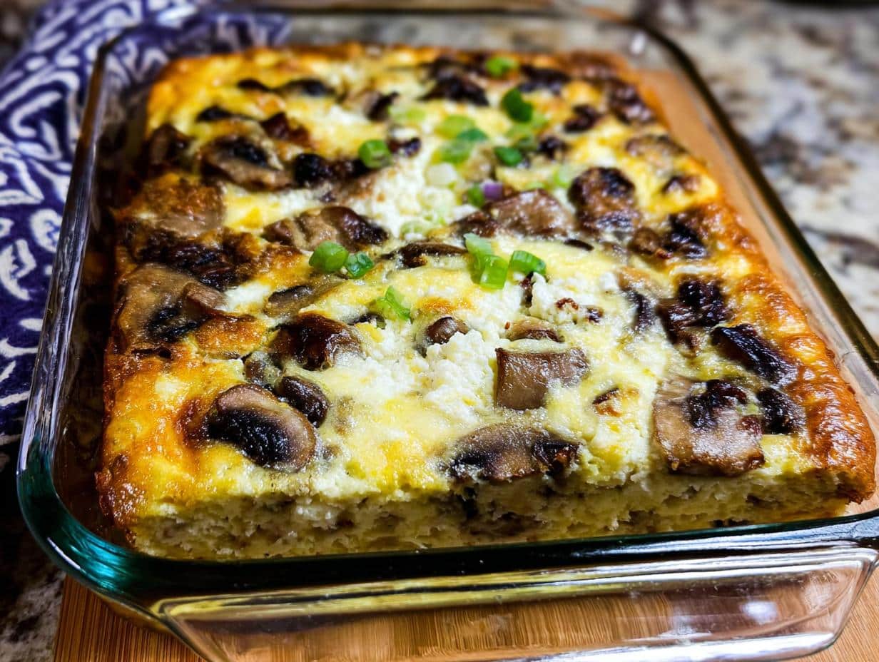 A baked Keto Breakfast Casserole with Mushrooms & Cheese in a glass baking dish, topped with browned mushrooms and green onions.