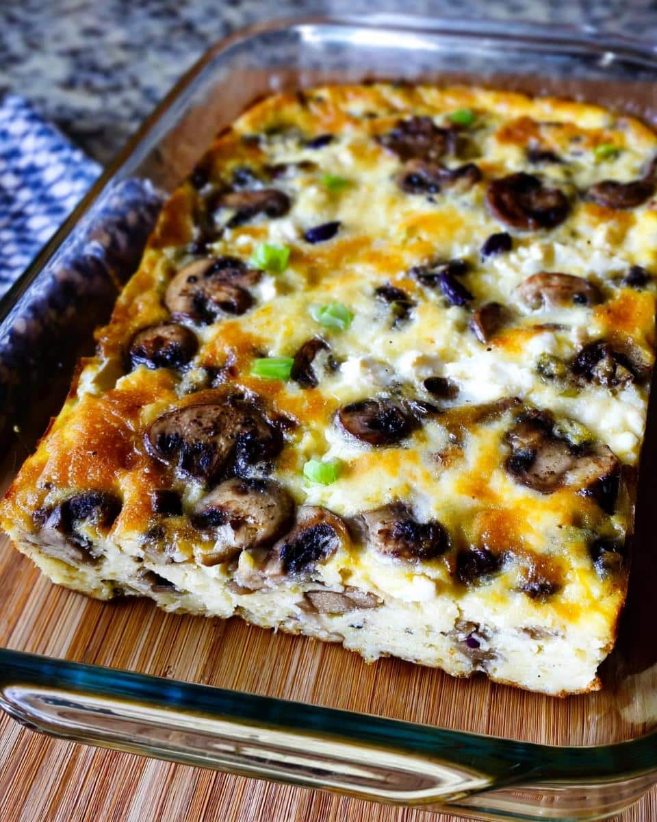 A thick slice of baked Keto Breakfast Casserole with Mushrooms & Cheese in a glass dish.