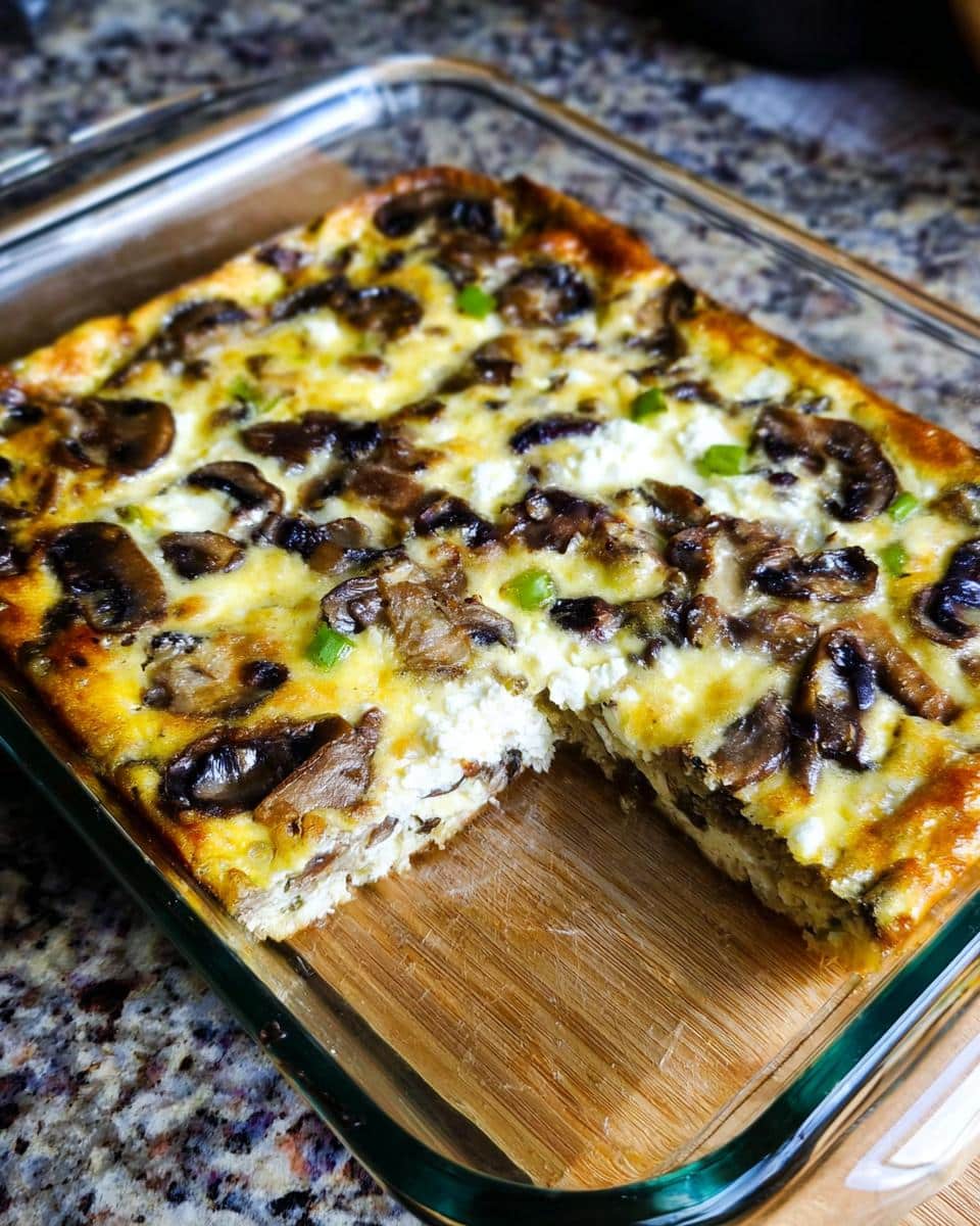 A baked Keto Breakfast Casserole with Mushrooms & Cheese in a glass dish, with one serving removed.