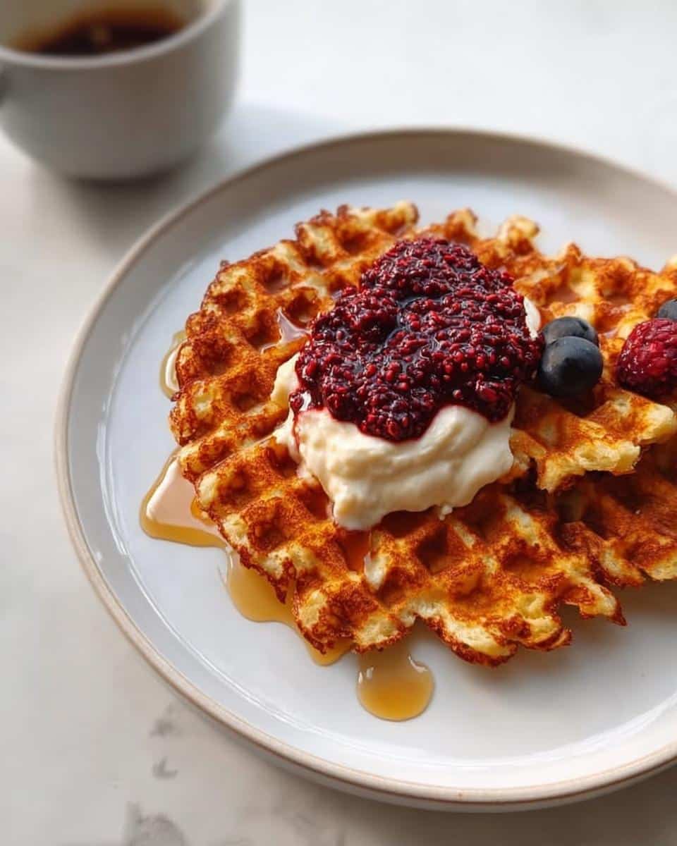 A golden brown Keto Breakfast Chaffle topped with whipped cream, raspberry compote, and fresh blueberries.