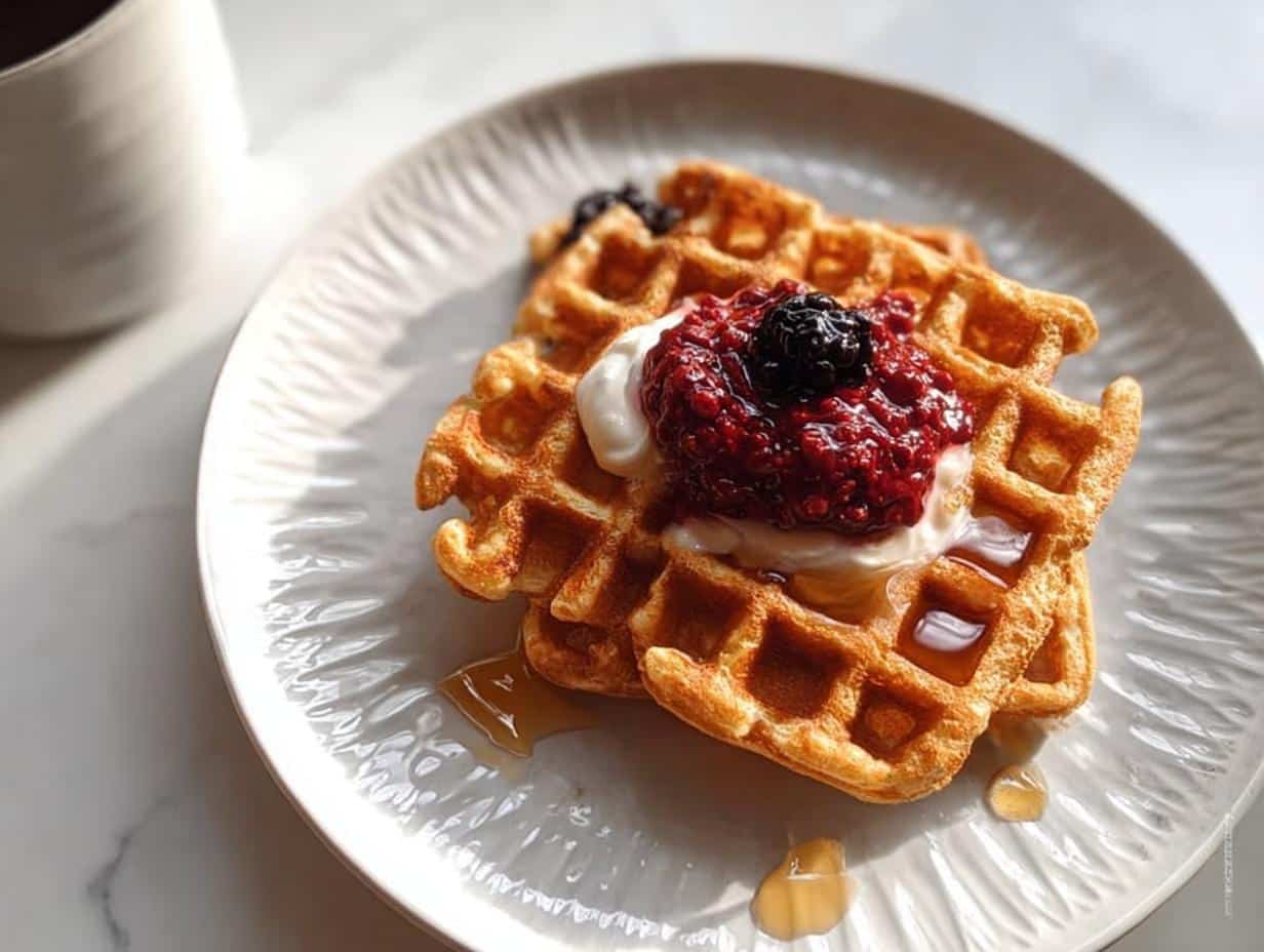 Close-up of a golden brown Keto Breakfast Chaffle topped with cream, raspberry jam, and a blackberry.