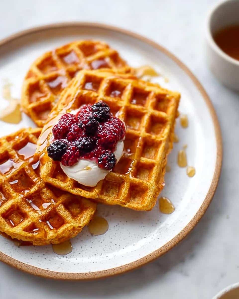 Three golden Keto Breakfast Chaffles drizzled with syrup and topped with cream and mixed berries.