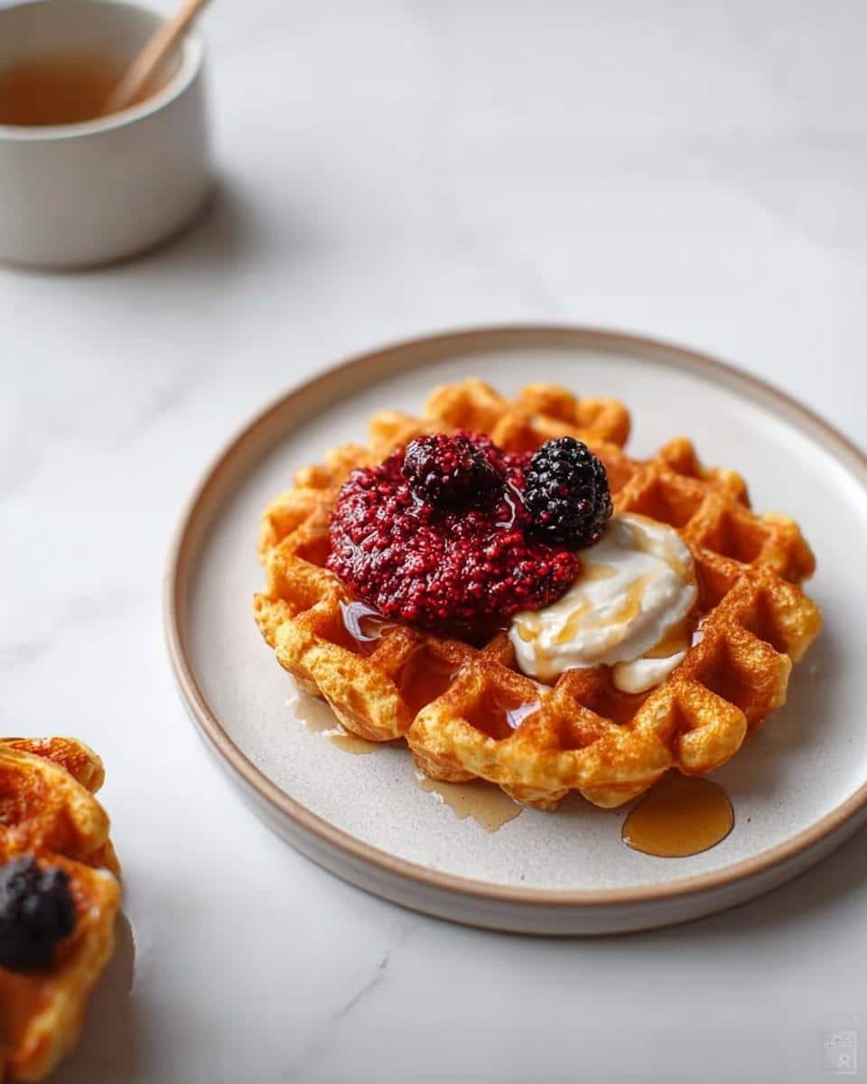A golden brown Keto Breakfast Chaffle topped with whipped cream, raspberry compote, and fresh blackberries, drizzled with syrup.