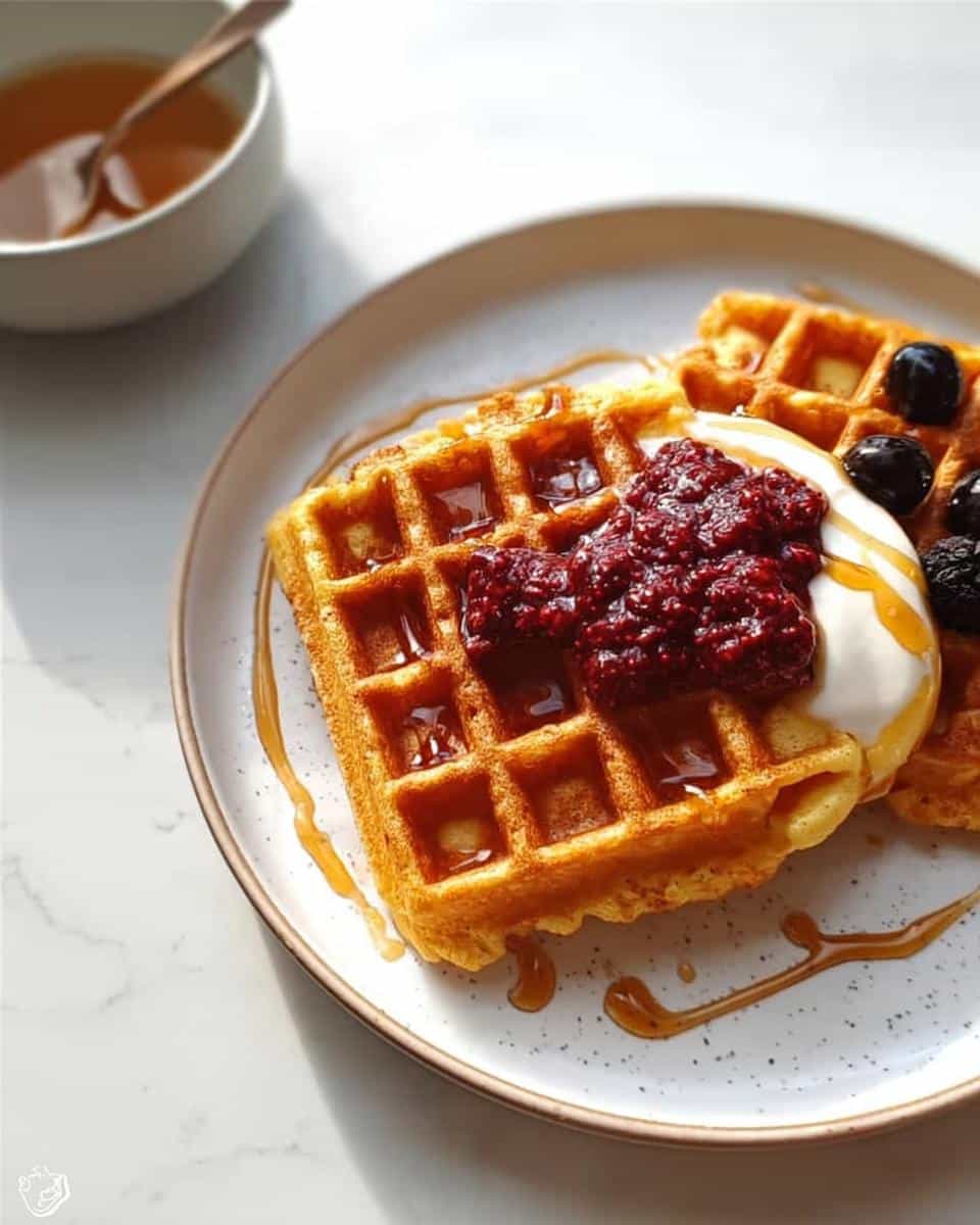 Two golden Keto Breakfast Chaffles served on a plate, topped with yogurt, raspberry compote, and syrup.