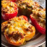 Close-up of baked Keto Breakfast Stuffed Bell Peppers topped with melted cheddar and white cheese.