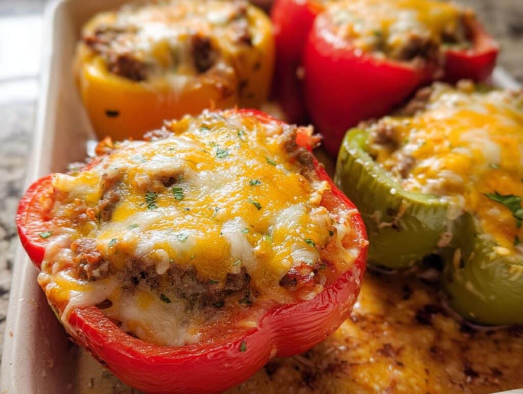 Close-up of Keto Breakfast Stuffed Bell Peppers topped with melted cheddar and mozzarella cheese.