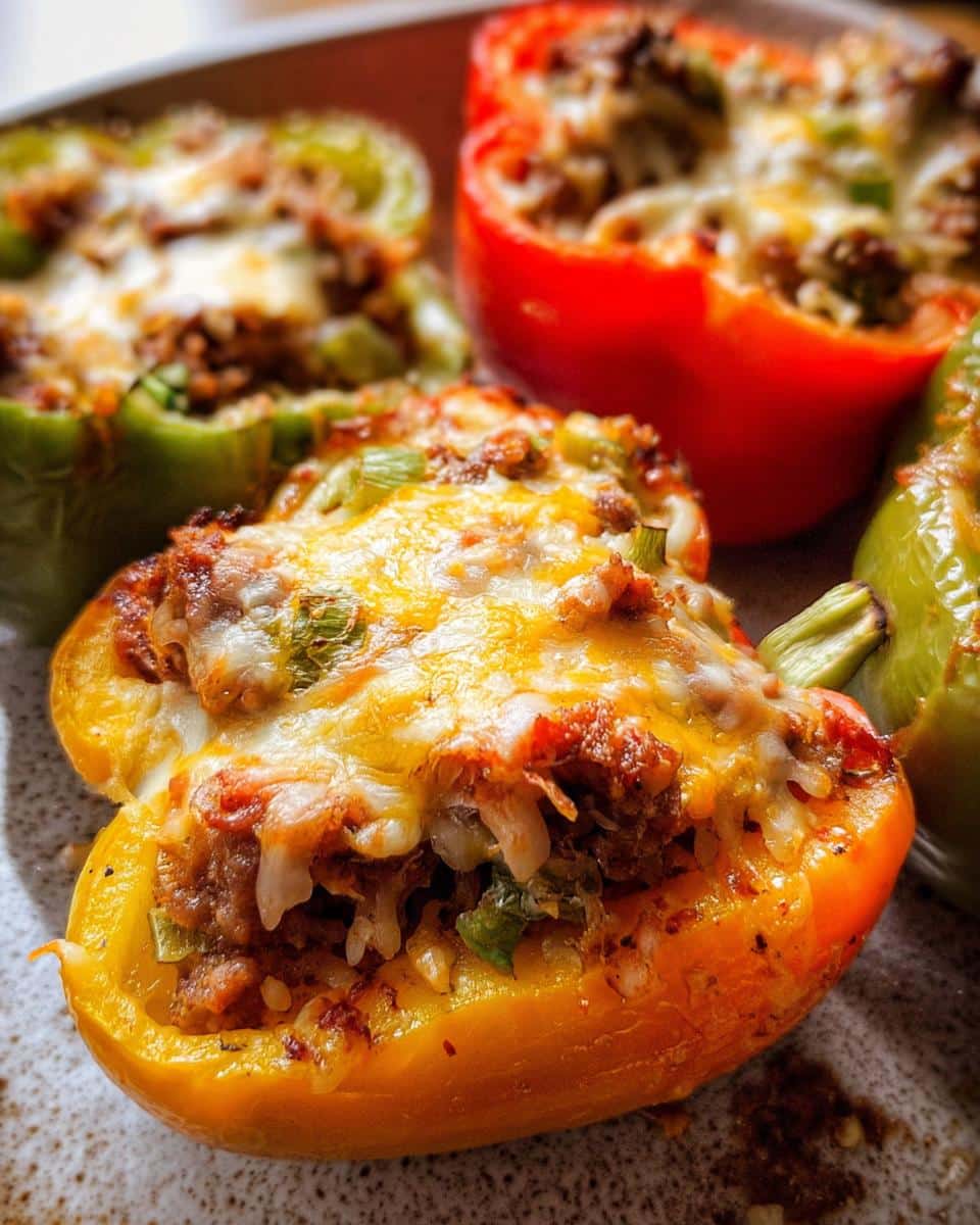 Close-up of a yellow Keto Breakfast Stuffed Bell Pepper topped with melted cheddar and mozzarella cheese.