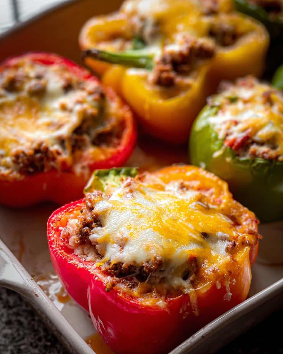 Close-up of colorful Keto Breakfast Stuffed Bell Peppers topped with melted cheddar and mozzarella cheese.
