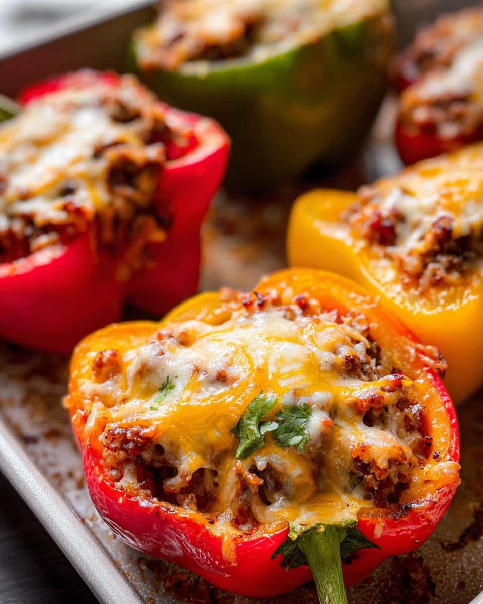 Close-up of baked Keto Breakfast Stuffed Bell Peppers, topped with melted cheddar and Monterey Jack cheese.