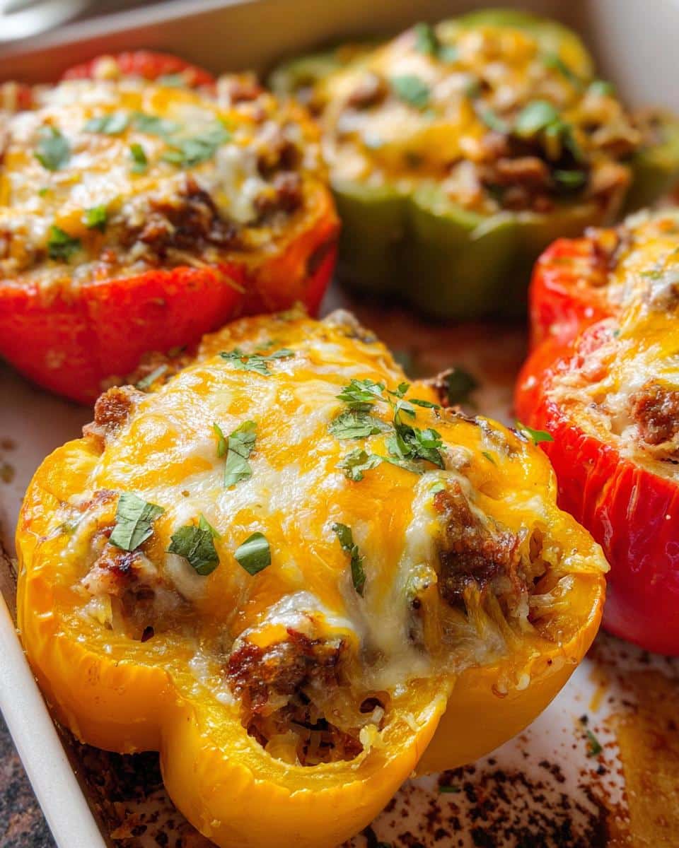 Close-up of baked Keto Breakfast Stuffed Bell Peppers topped with melted cheddar and herbs.