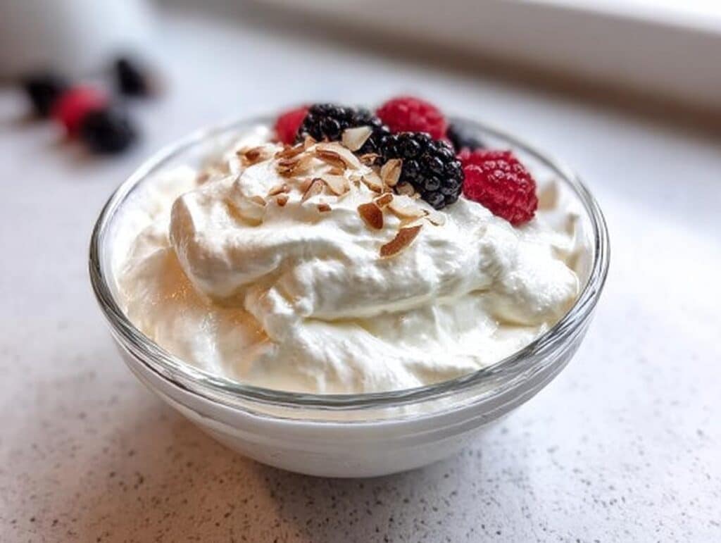 A close-up of a Keto Breakfast Yogurt Bowl made with thick yogurt, topped with fresh blackberries, raspberries, and toasted almonds.