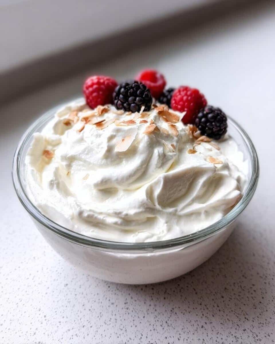 A glass bowl filled with creamy Keto Breakfast Yogurt Bowl, topped with fresh raspberries, blackberries, and toasted coconut flakes.