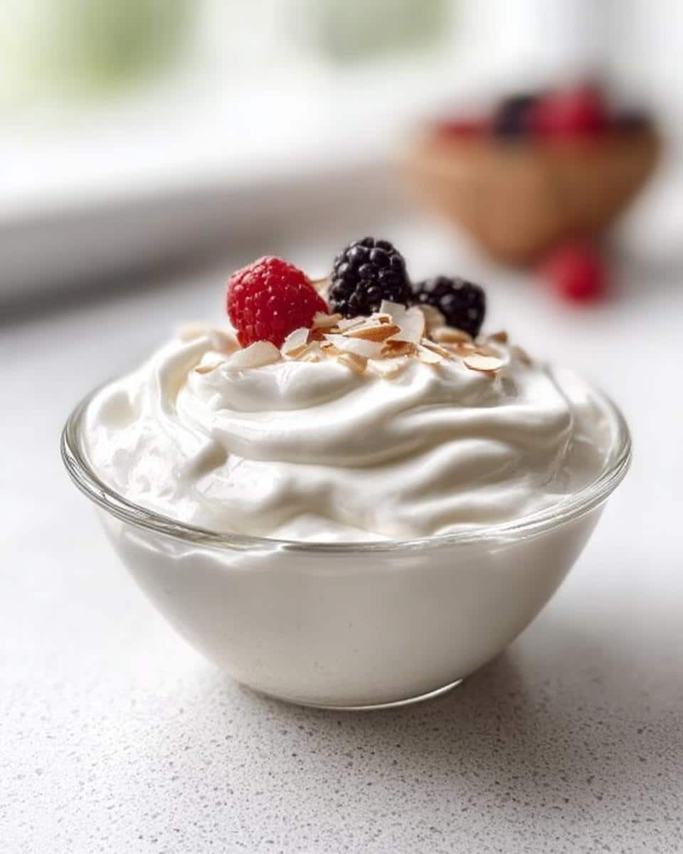 A close-up of a Keto Breakfast Yogurt Bowl made with thick white yogurt, topped with a raspberry, blackberries, and toasted coconut flakes.