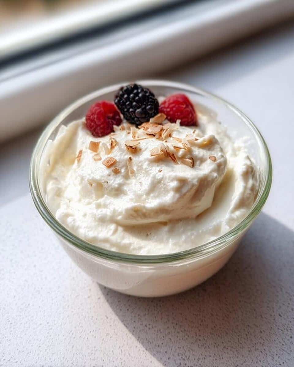 A glass bowl filled with creamy white Keto Breakfast Yogurt Bowl, topped with raspberries, a blackberry, and toasted coconut flakes.