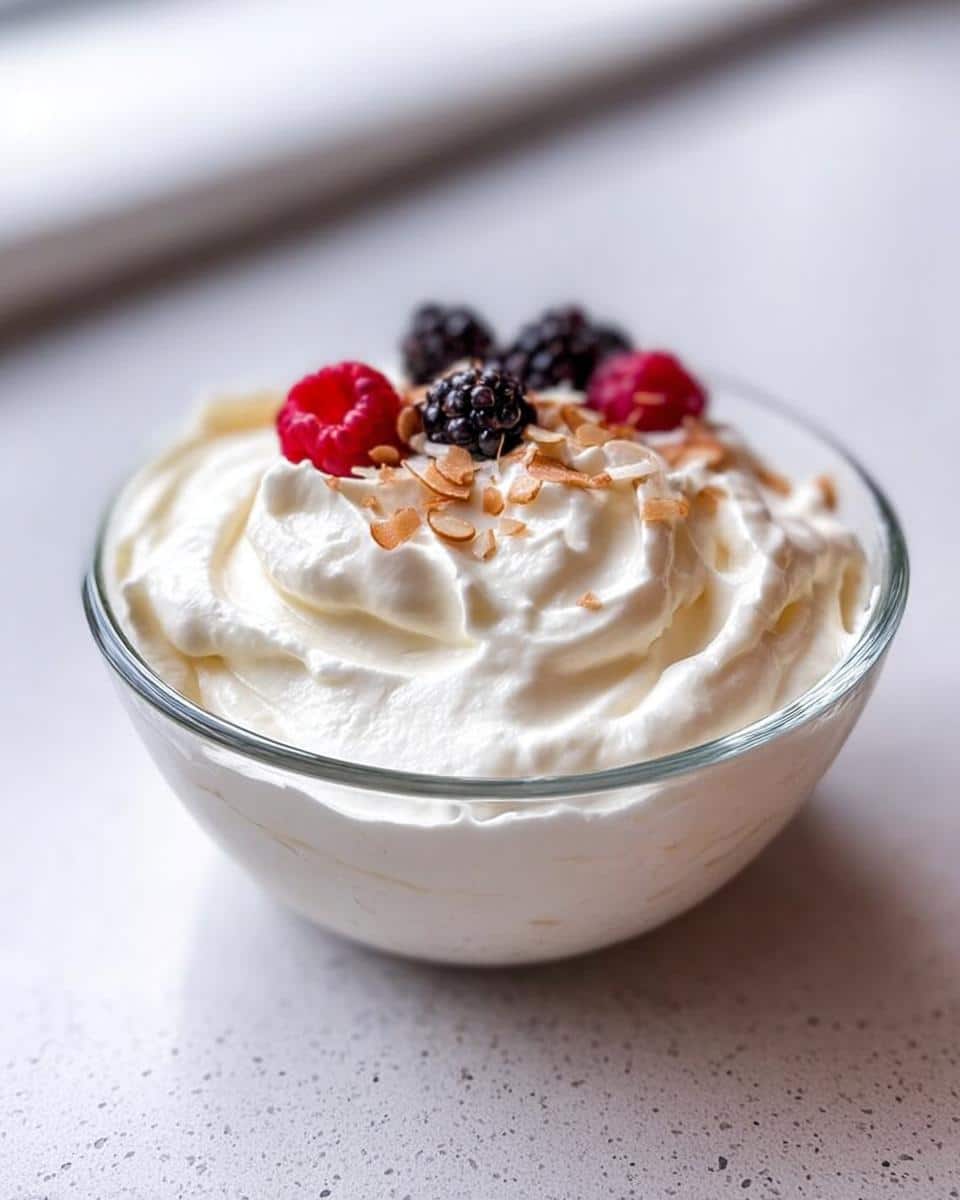 A glass bowl filled with thick, creamy Keto Breakfast Yogurt Bowl, topped with fresh raspberries, blackberries, and toasted almond slivers.