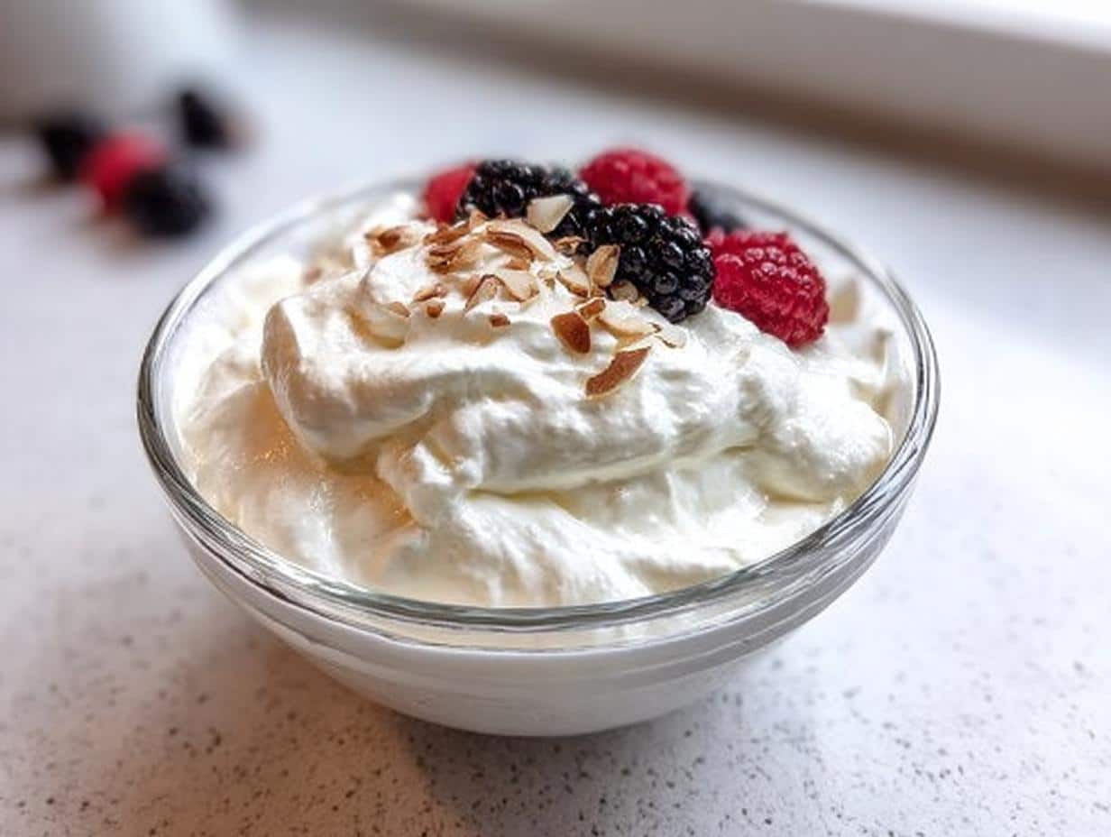 A close-up of a Keto Breakfast Yogurt Bowl made with thick yogurt, topped with fresh blackberries, raspberries, and toasted almonds.