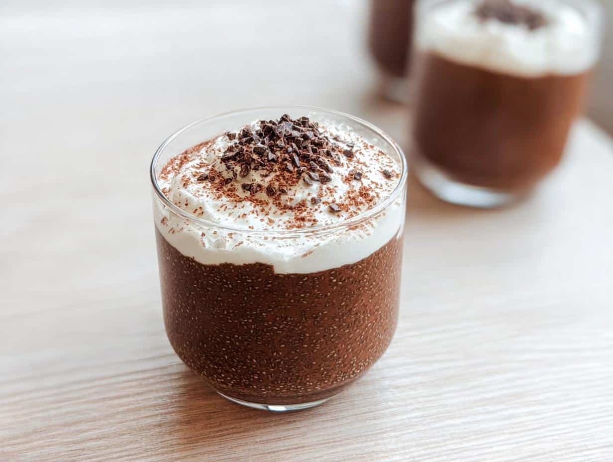 Close-up of Keto Chocolate Chia Seed Pudding topped with whipped cream and chocolate shavings.