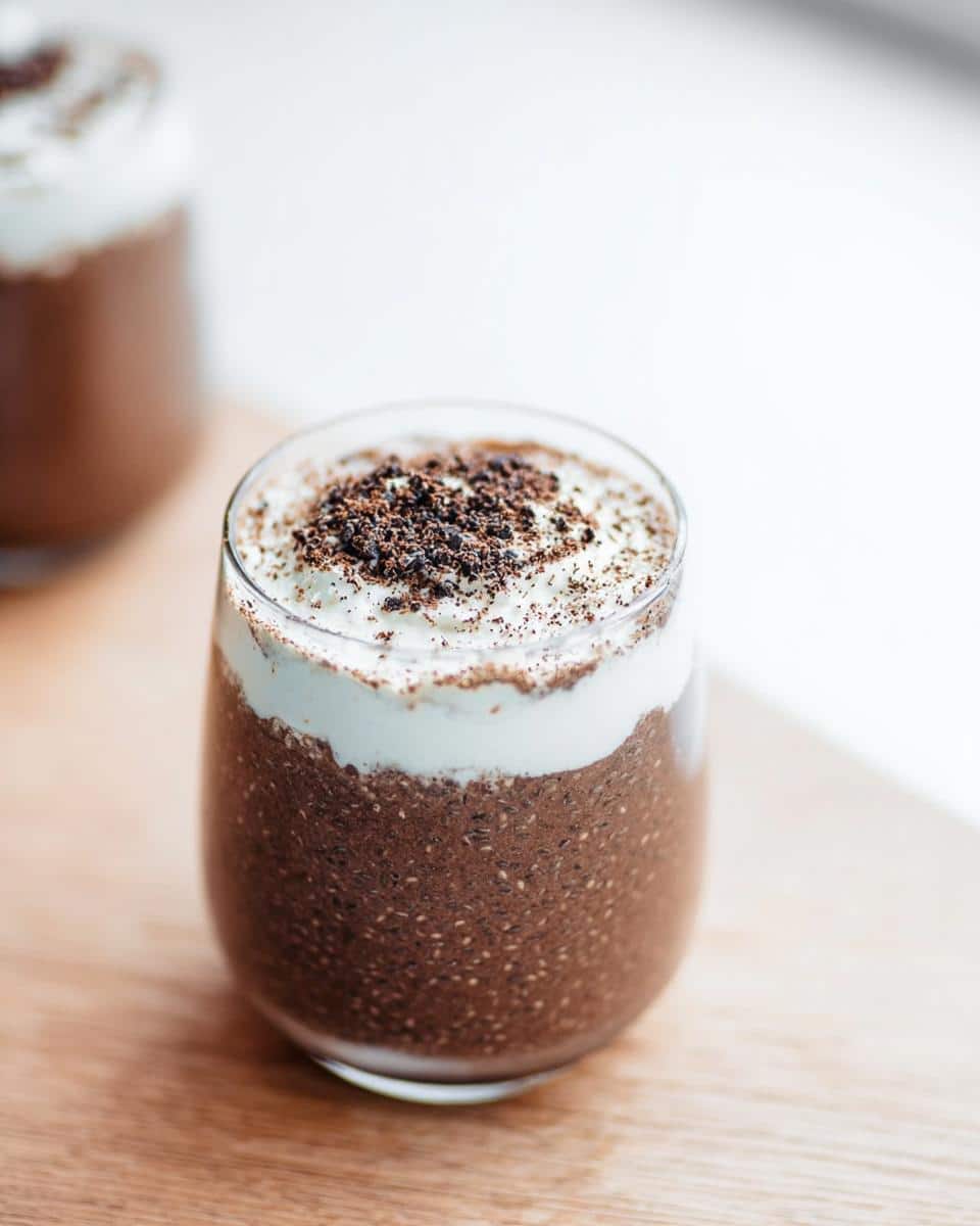 A glass of rich Keto Chocolate Chia Seed Pudding topped with whipped cream and chocolate shavings.