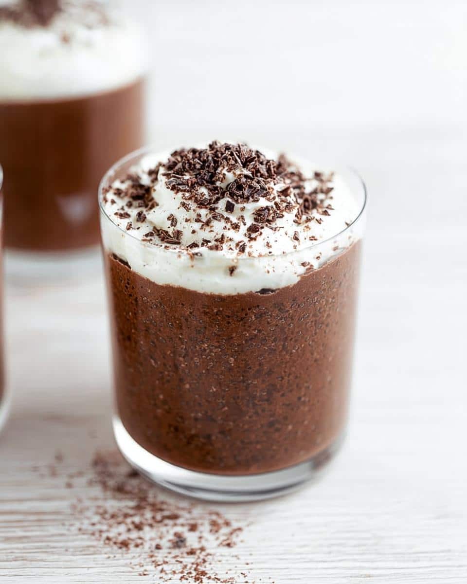 A glass filled with rich Keto Chocolate Chia Seed Pudding, topped with whipped cream and chocolate shavings.