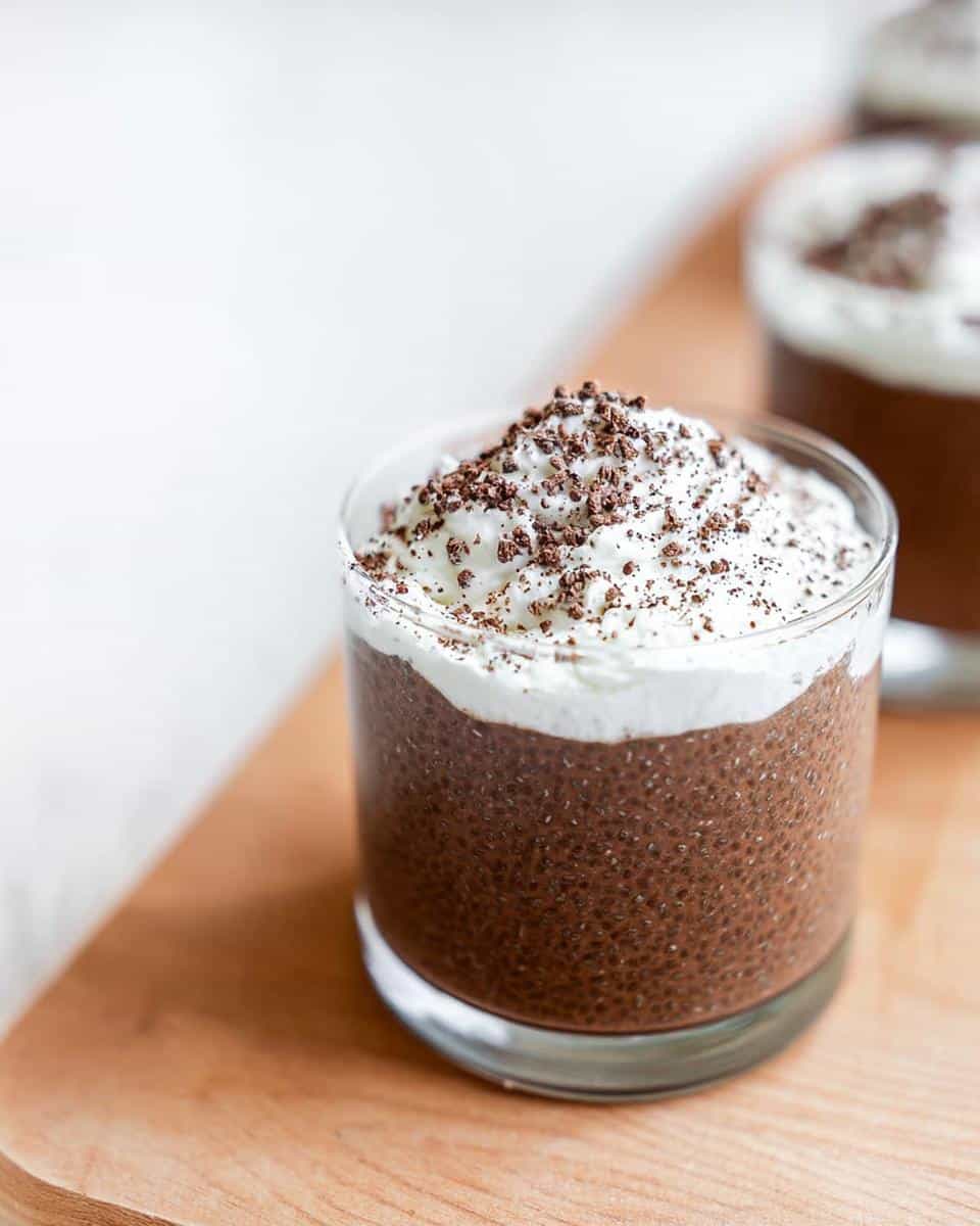 Close-up of Keto Chocolate Chia Seed Pudding topped with whipped cream and chocolate shavings.