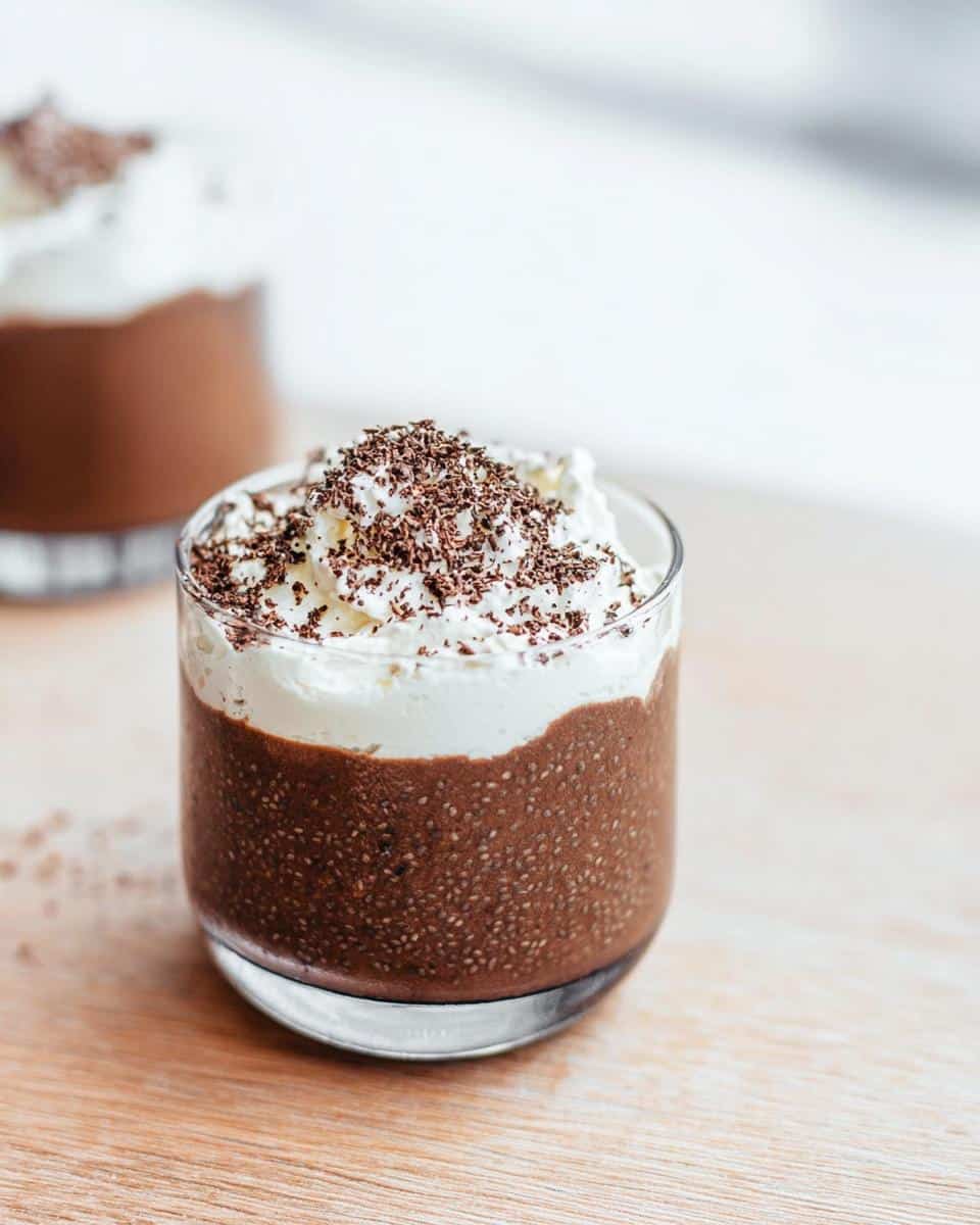 A glass of rich Keto Chocolate Chia Seed Pudding topped with whipped cream and chocolate shavings.