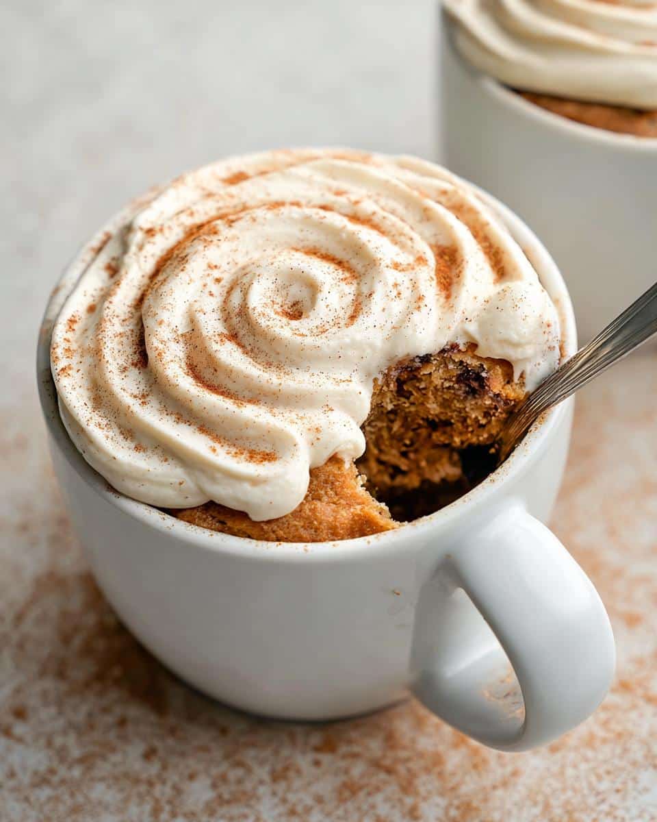 A close-up of a Keto Cinnamon Breakfast Mug Cake topped with swirled cream cheese frosting and sprinkled with cinnamon.
