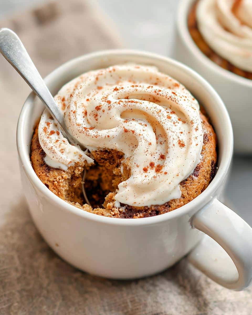 A spoonful taken from a fluffy Keto Cinnamon Breakfast Mug Cake topped with cream cheese frosting and cinnamon.