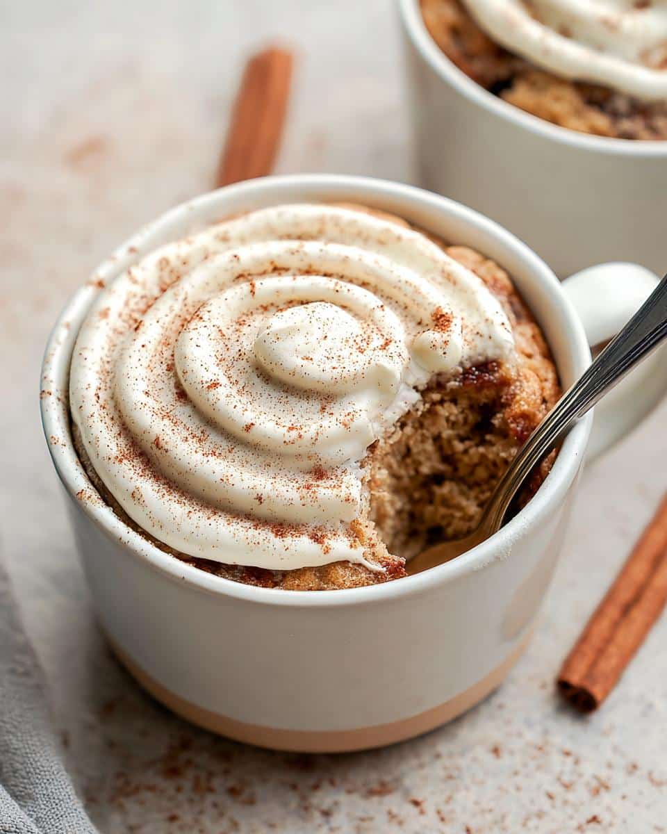Close-up of a Keto Cinnamon Breakfast Mug Cake topped with swirled cream cheese frosting and cinnamon.