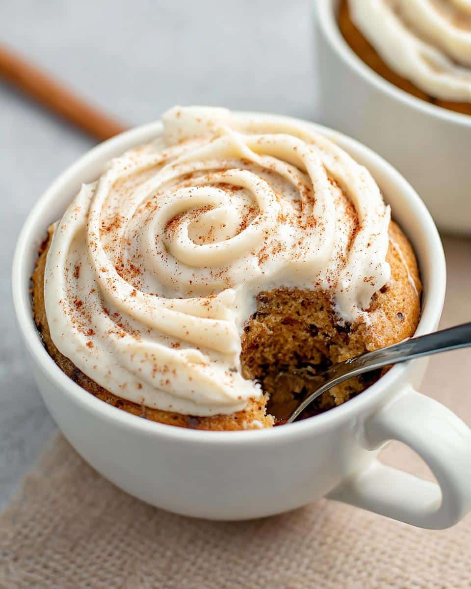 Close-up of a Keto Cinnamon Breakfast Mug Cake topped with swirled cream cheese frosting and sprinkled cinnamon.