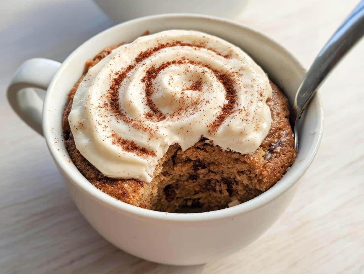 Close-up of a warm Keto Cinnamon Breakfast Mug Cake topped with swirled cream cheese frosting and cinnamon.