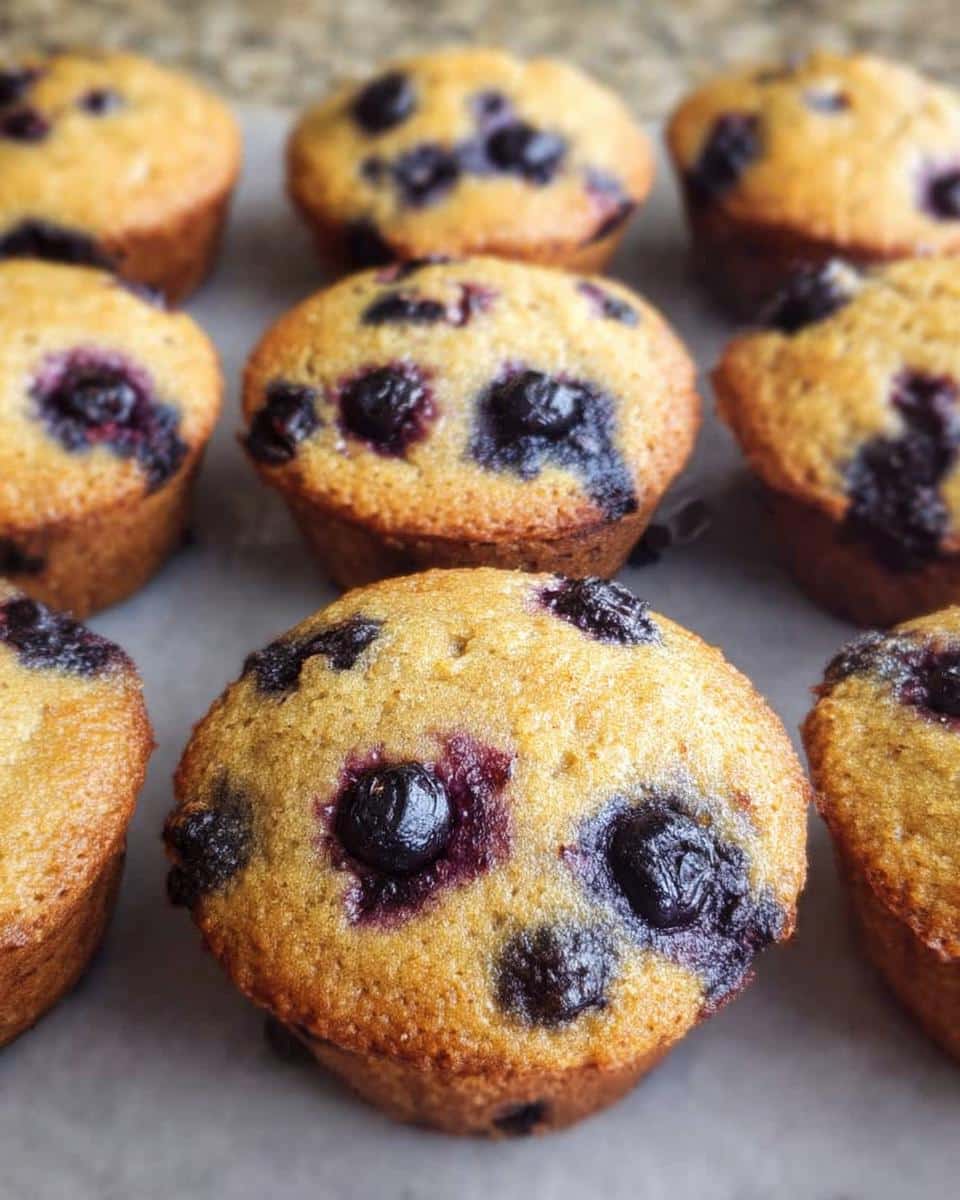 A close-up view of several golden-brown Keto Coconut Flour Muffins studded with dark blueberries.