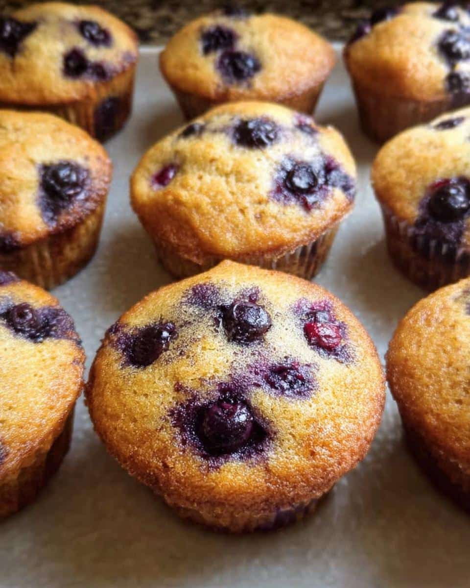 Close-up of several golden-brown Keto Coconut Flour Muffins studded with dark blueberries.