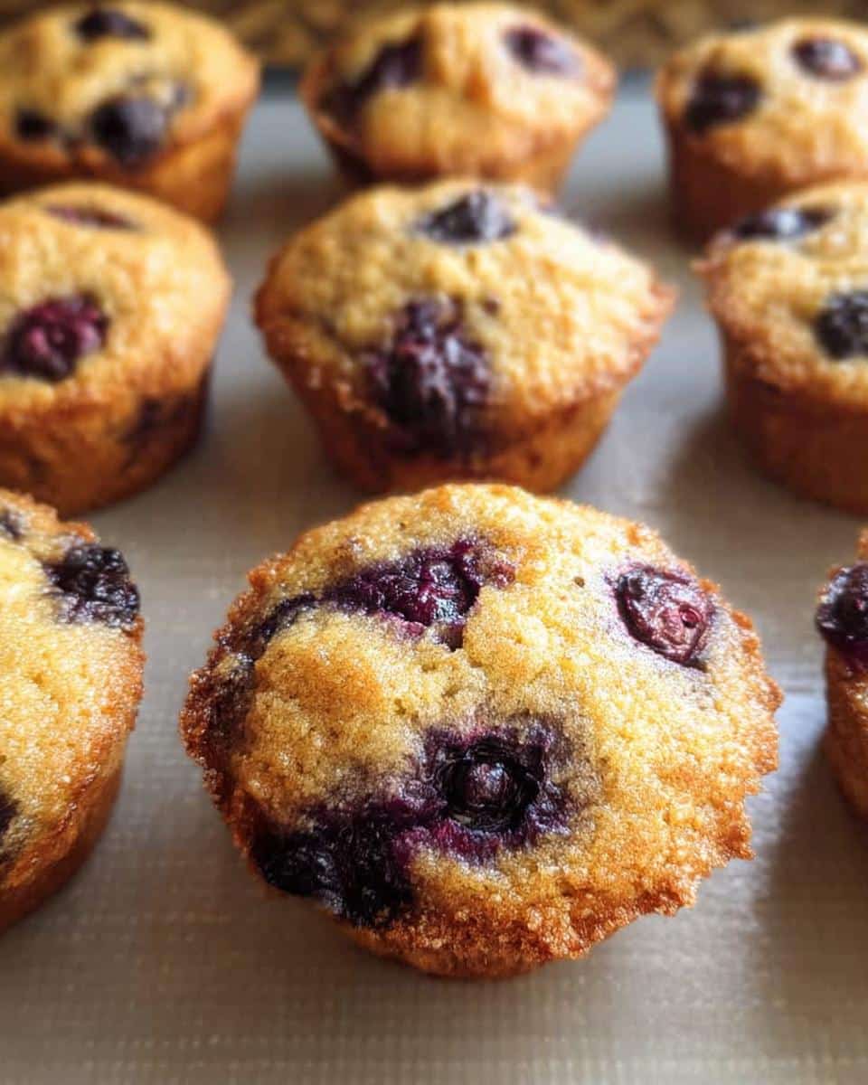 A close-up of freshly baked Keto Coconut Flour Muffins studded with dark blueberries.