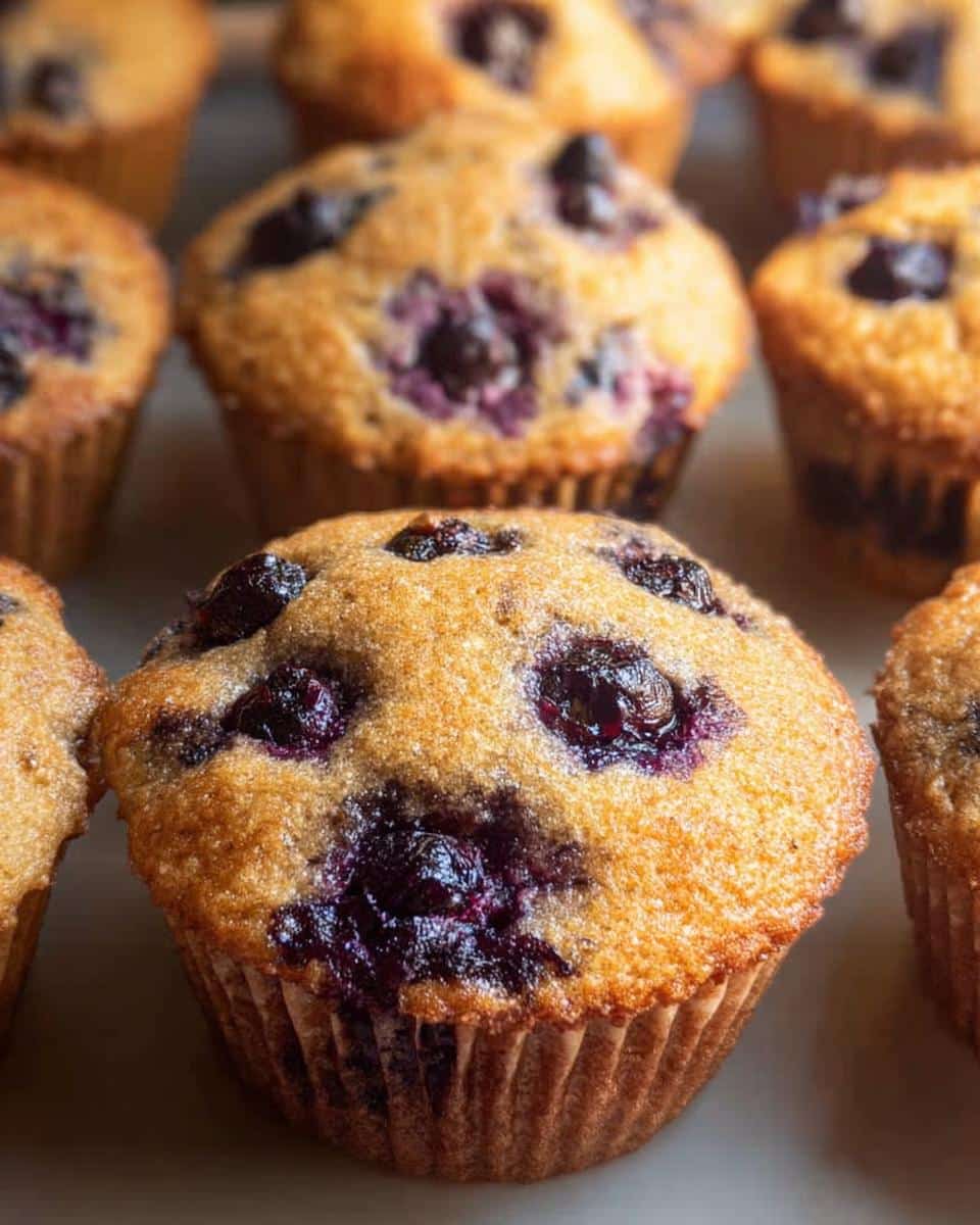 A close-up, appealing shot of freshly baked Keto Coconut Flour Muffins studded with juicy blueberries.