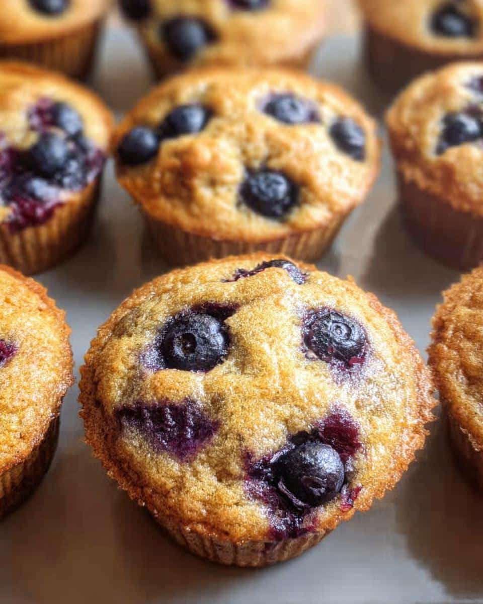 Close-up of freshly baked Keto Coconut Flour Muffins topped with juicy, burst blueberries.