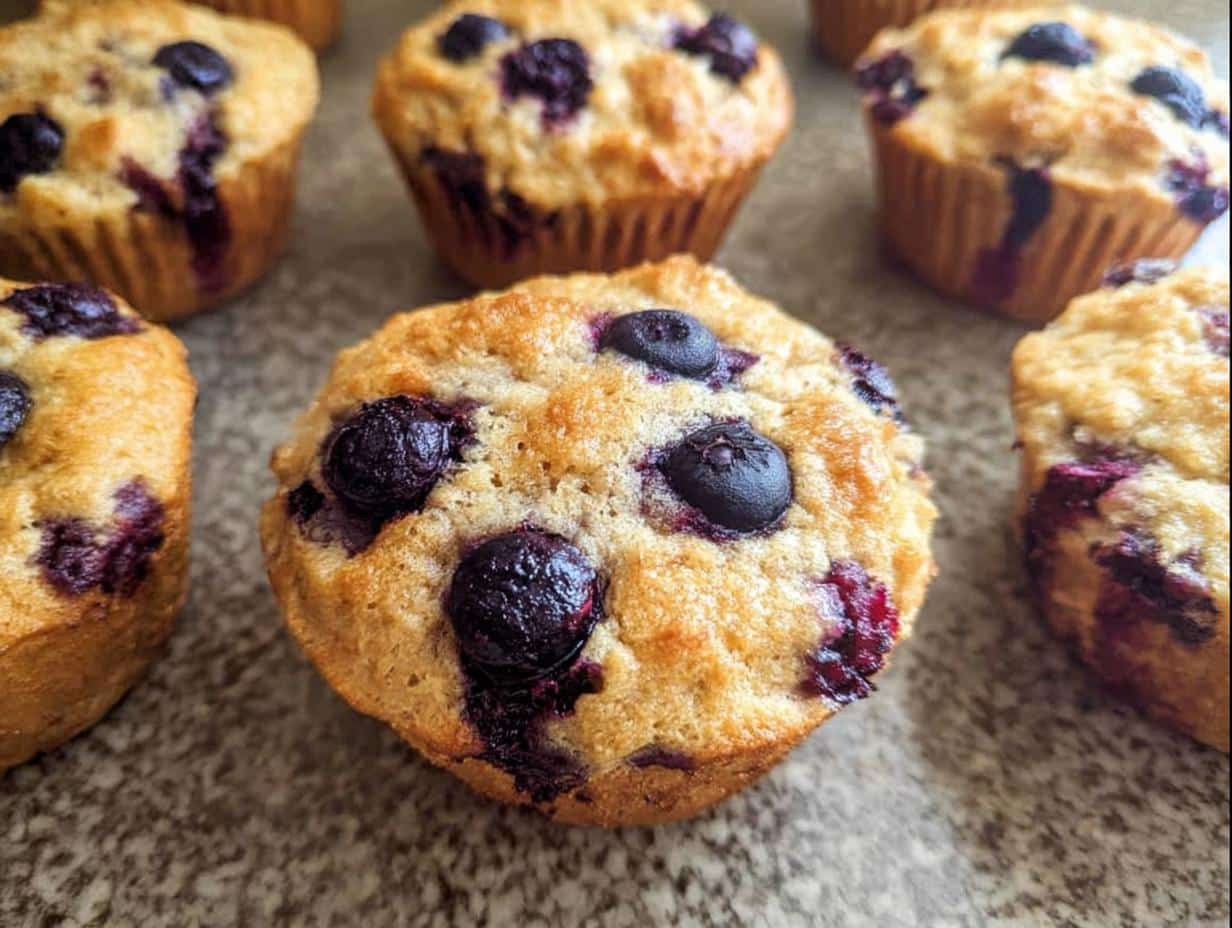 Close-up of freshly baked Keto Coconut Flour Muffins topped with whole blueberries.